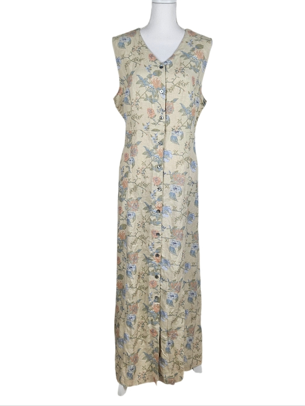 90s Linen Blend Dress Maxi Butter Mom Sleeveless Button Up Floral Womens 16